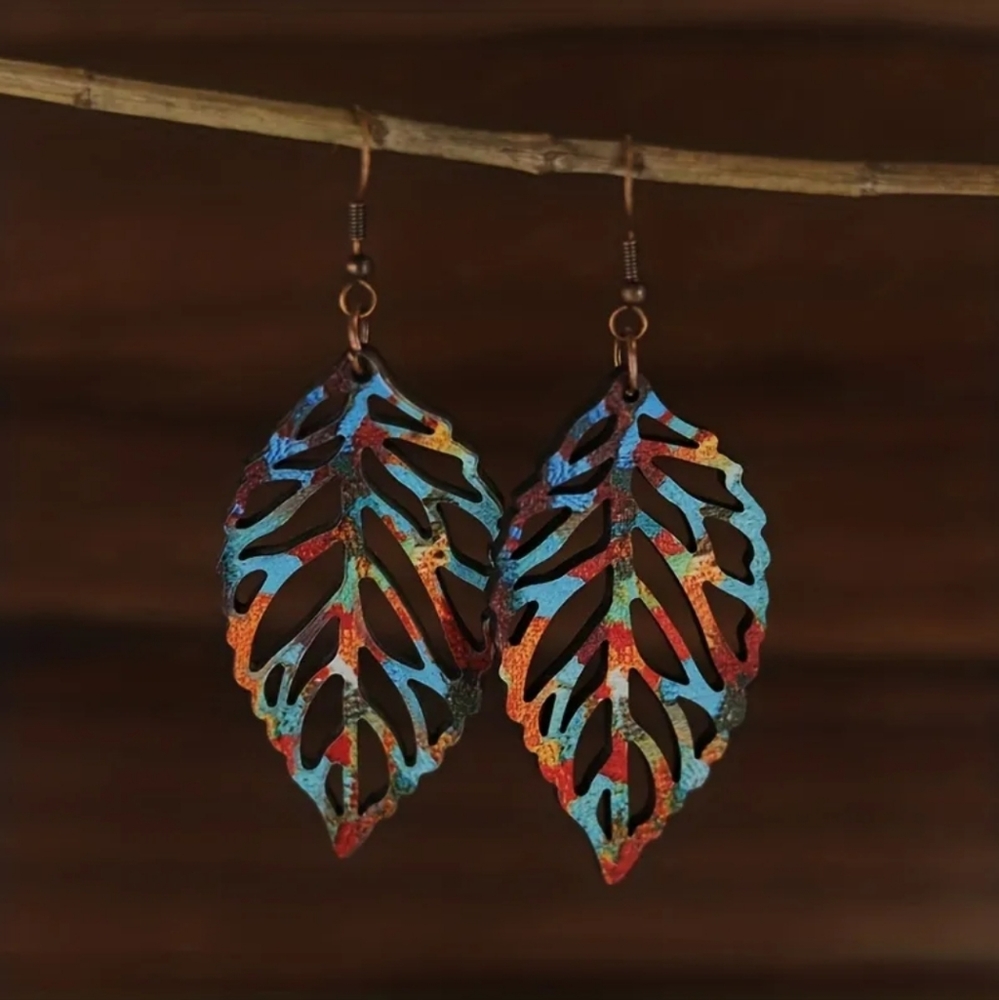 Hollowed Out Colorful Lightweight Leaf Wooden Dangle‎ Earrings 2/$15 3/$20